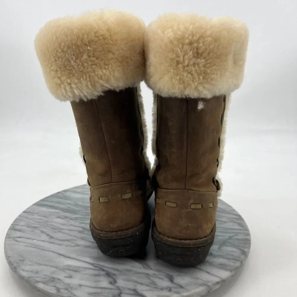 UGG Womens‎ 9 Boots Elijo Brown Leather Cuff Lined Sheepskin Faux Fur Shearling